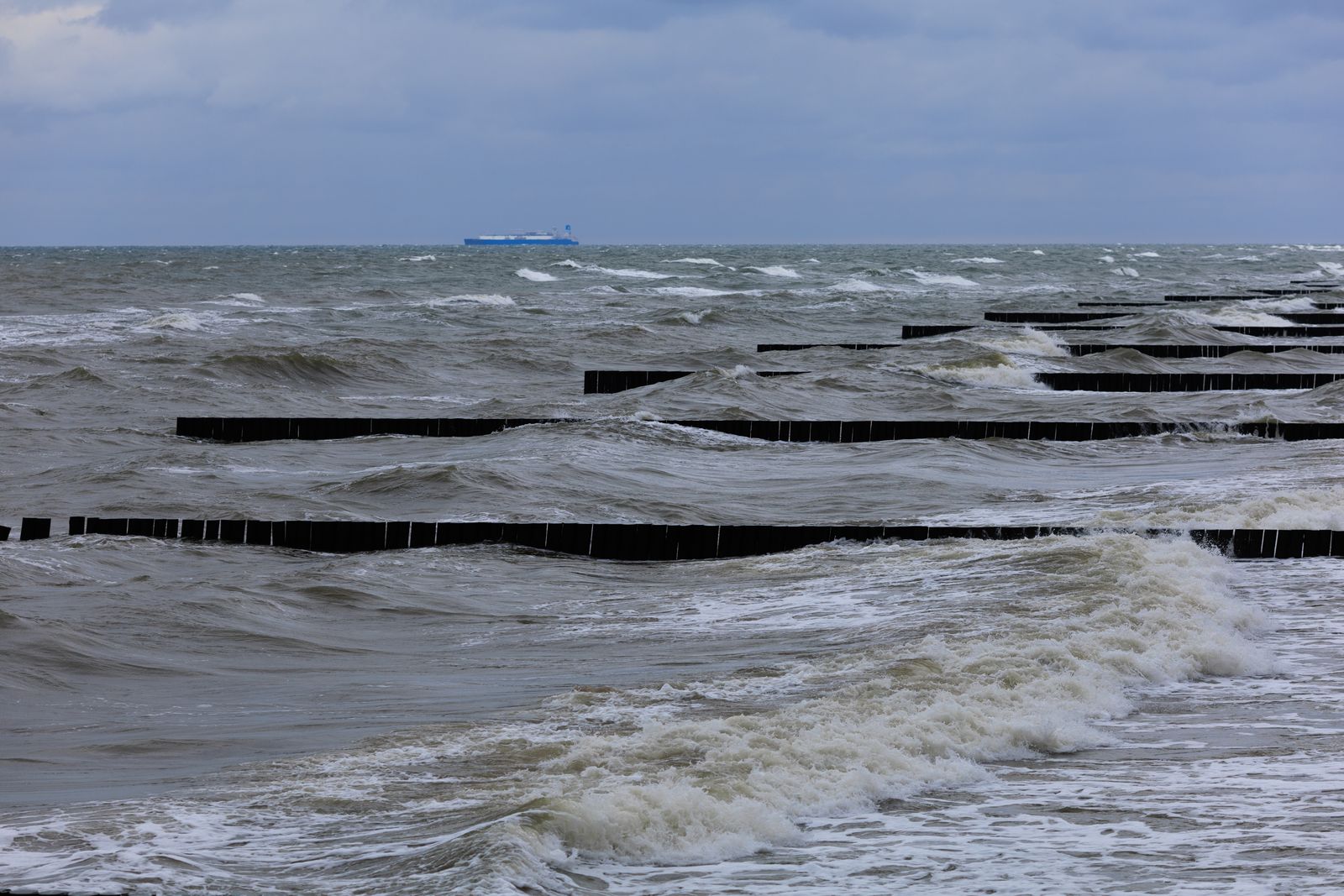 Wooden groynes and breaking waves along a Baltic shore in a gale