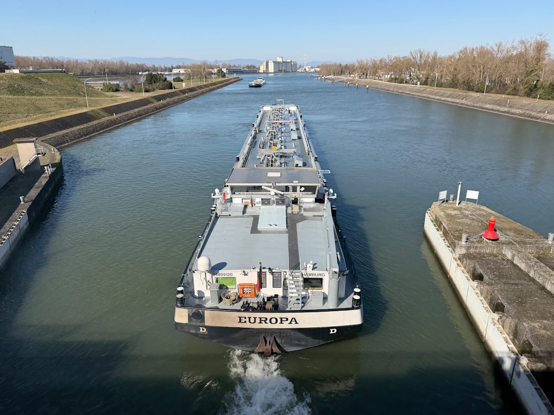 Large container ship transiting a shipping canal