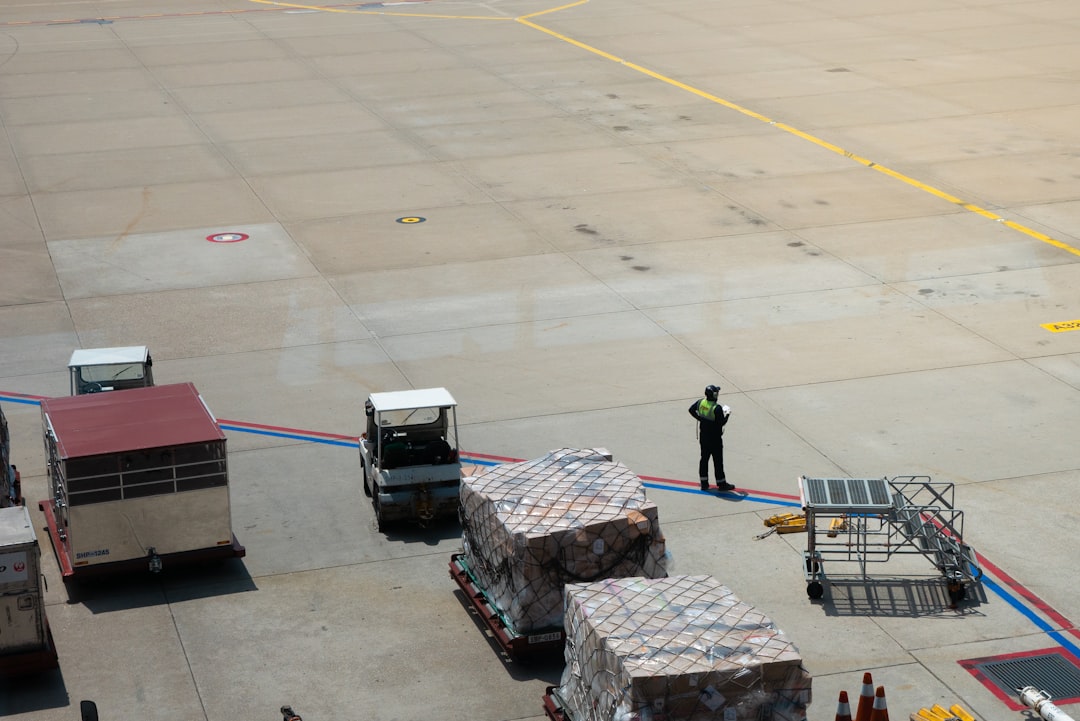 Netted air cargo pallets and dollies waiting on an airport apron