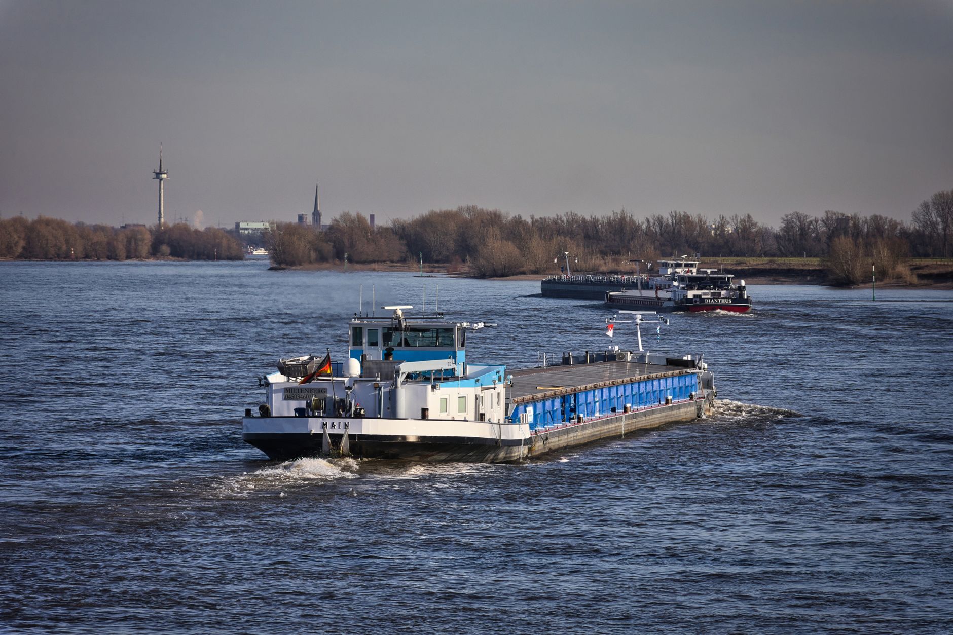 Inland cargo barges under way on the Rhine