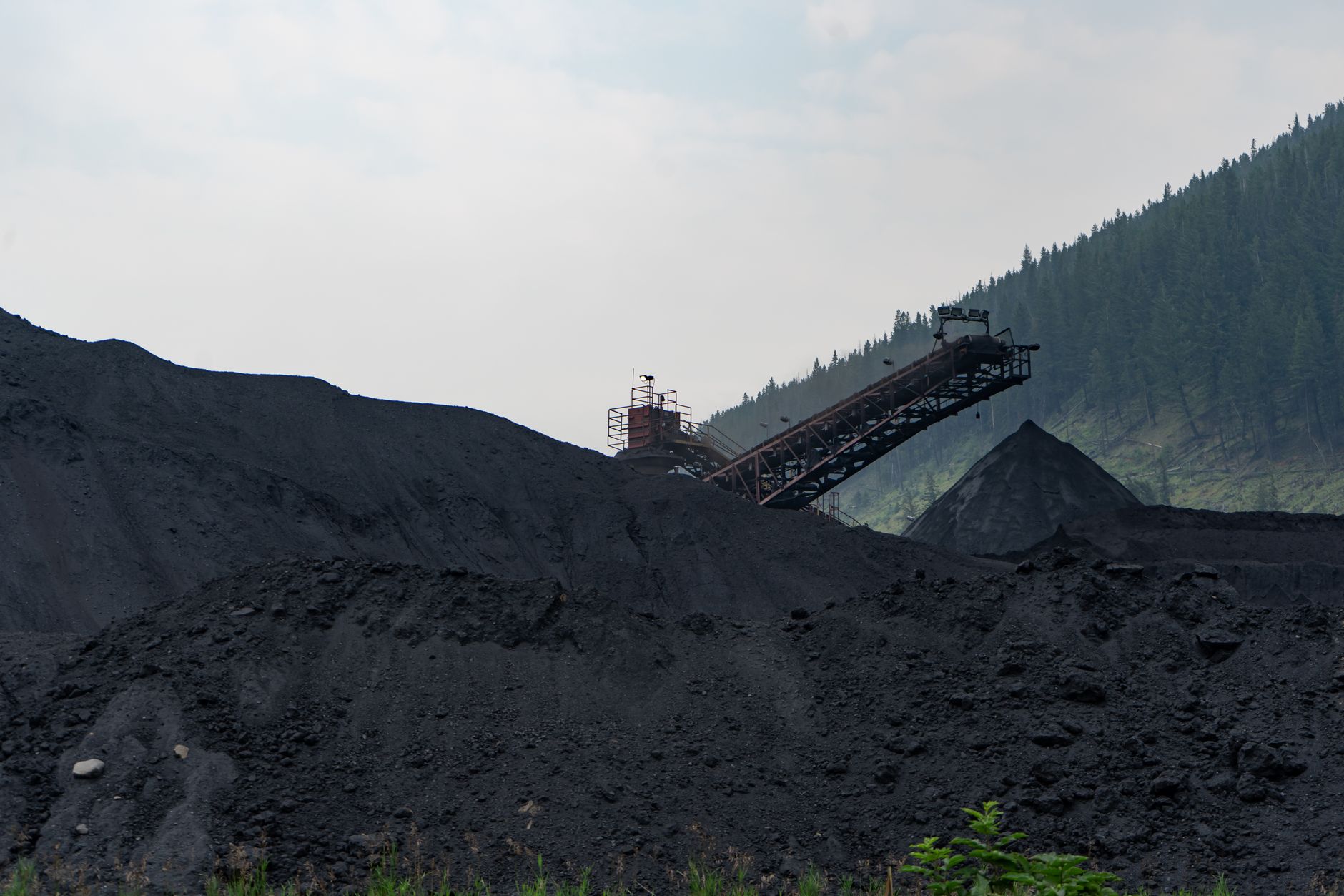 Coal stockpile with a radial conveyor above it against a forested slope