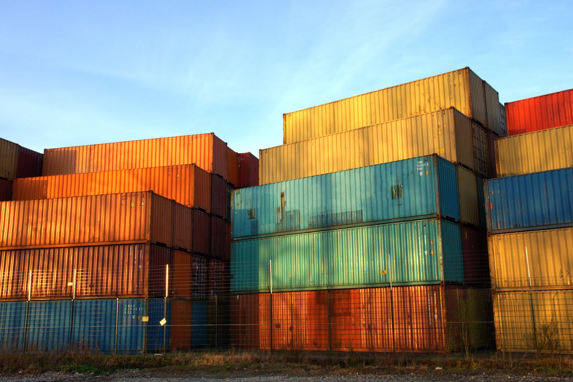 Stacked shipping containers in a depot