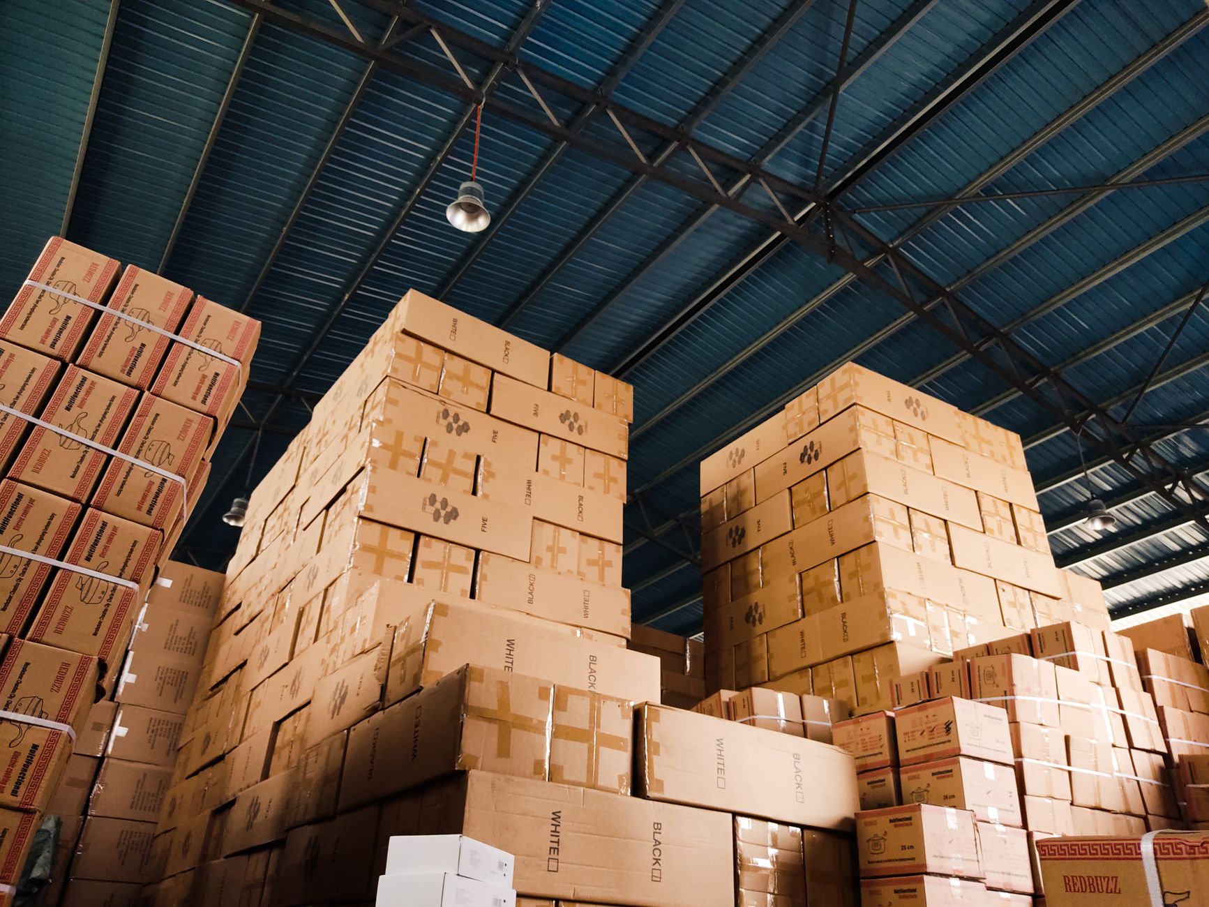Stacked cartons in a distribution warehouse