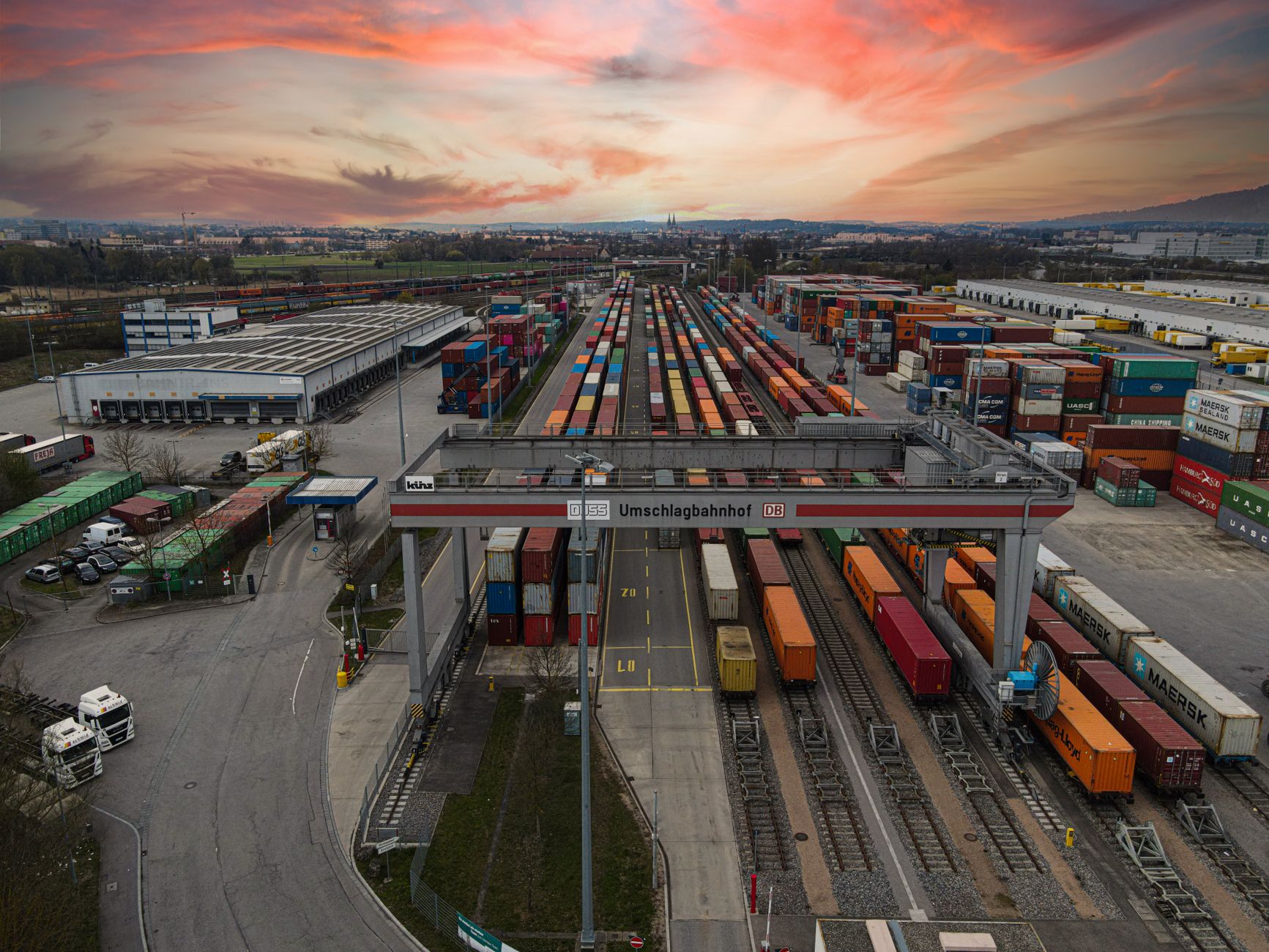 An aerial view of a rail container terminal