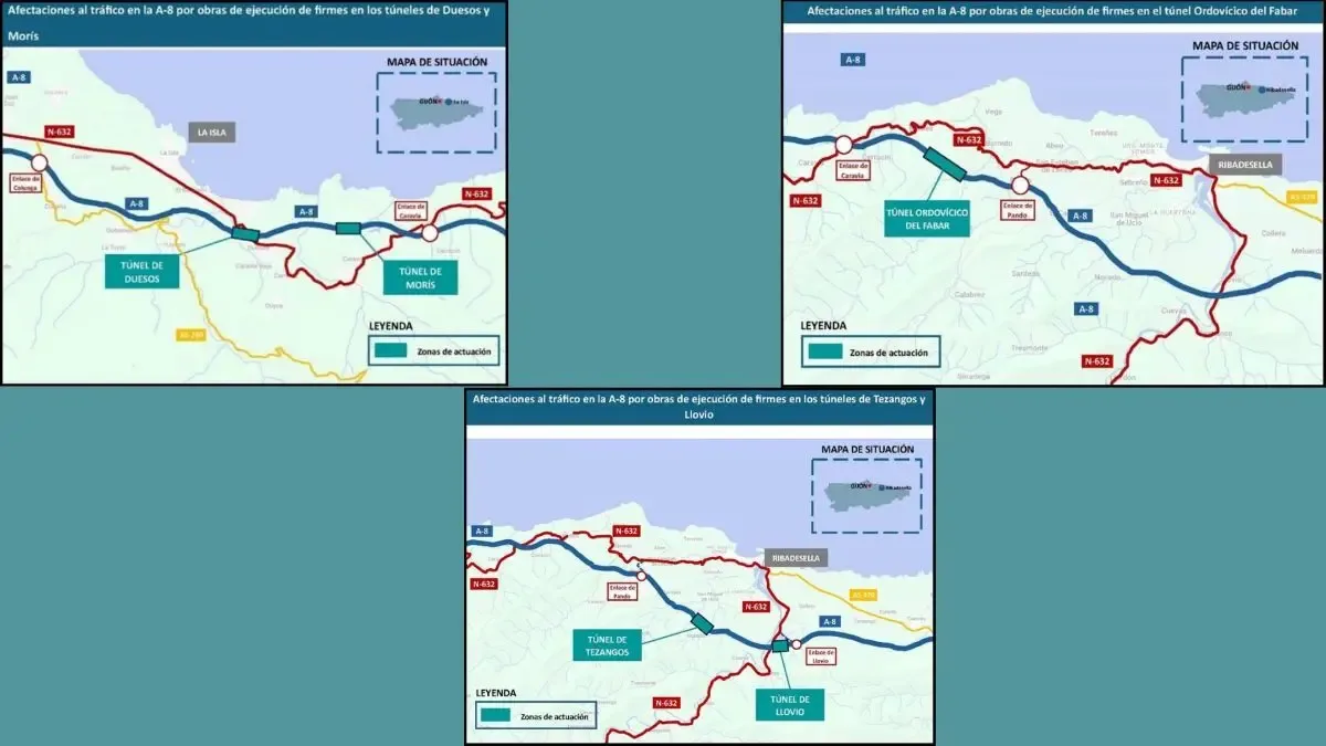 Développement en cours des tunnels El Carmen, Llovio, Tezangos, El Fabar, Moris et Duesos sur l'A-8 dans les Asturies